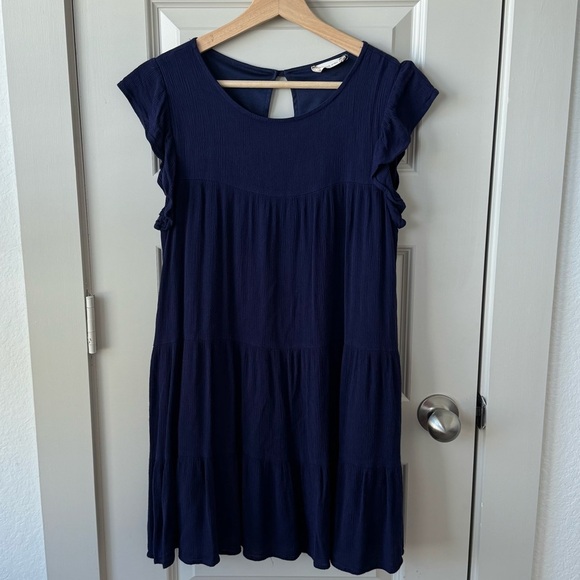 Altar'd State Dresses & Skirts - Altar’d State Flowy Navy Blue Tiered Short Sleeve Ruffle Mini Dress Size Small